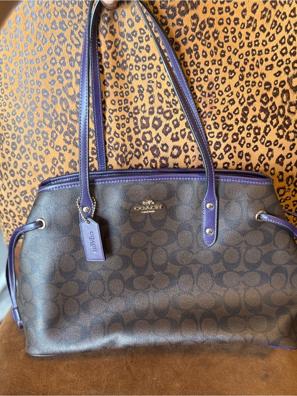 Coach Brown Signature Shoulder Tote with Purple Trim